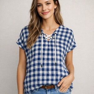 Rails Jeri Blueberry Check Linen Blend Top Blouse